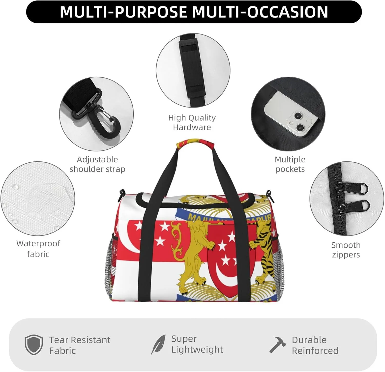 Flag Of Singapore Travel Duffel Bag Large Foldable Waterproof Overnight Bag For Beach Swim Bags Pool Sports Gym
