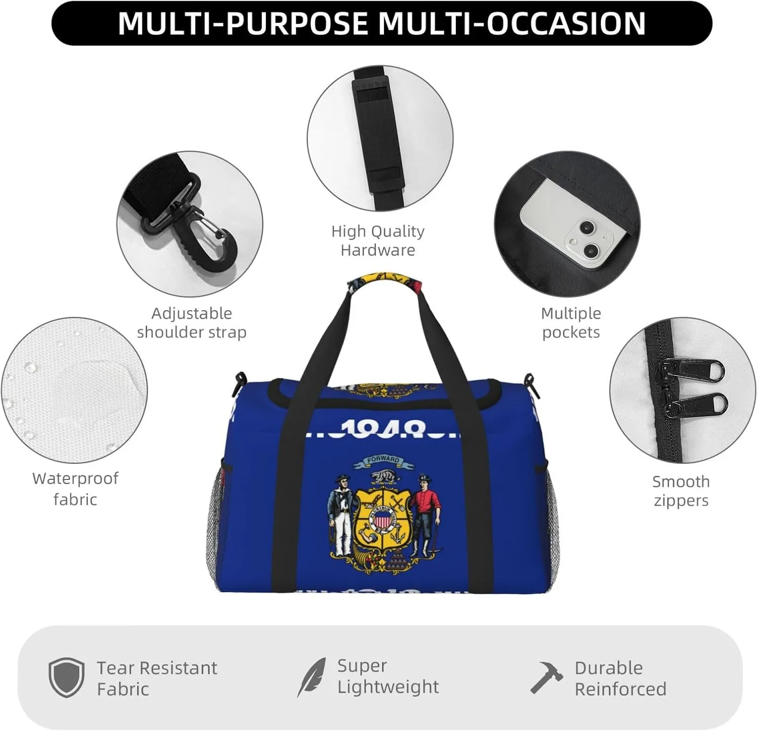 Flag Of Wisconsin Travel Duffel Bag Large Foldable Waterproof Overnight Bag For Beach Swim Bags Pool Sports Gym