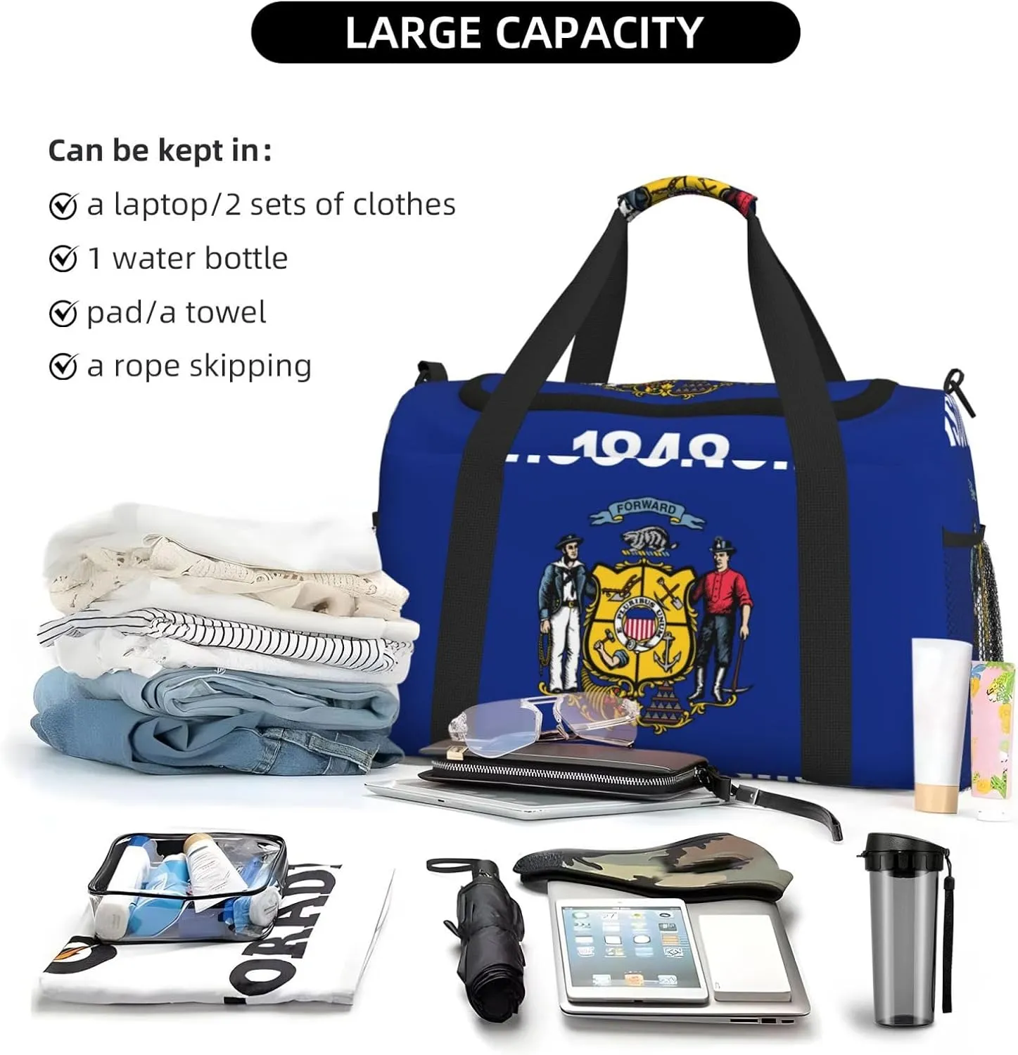 Flag Of Wisconsin Travel Duffel Bag Large Foldable Waterproof Overnight Bag For Beach Swim Bags Pool Sports Gym