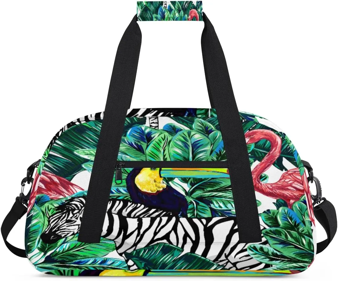 Flamingo Zebra Gym Duffel Bag for Men Women Palm Leaves Sports Tote Bag with Adjustable Shoulder Strap for Dance Gymnastics Traveling Outdoor Camping Overnight Stay