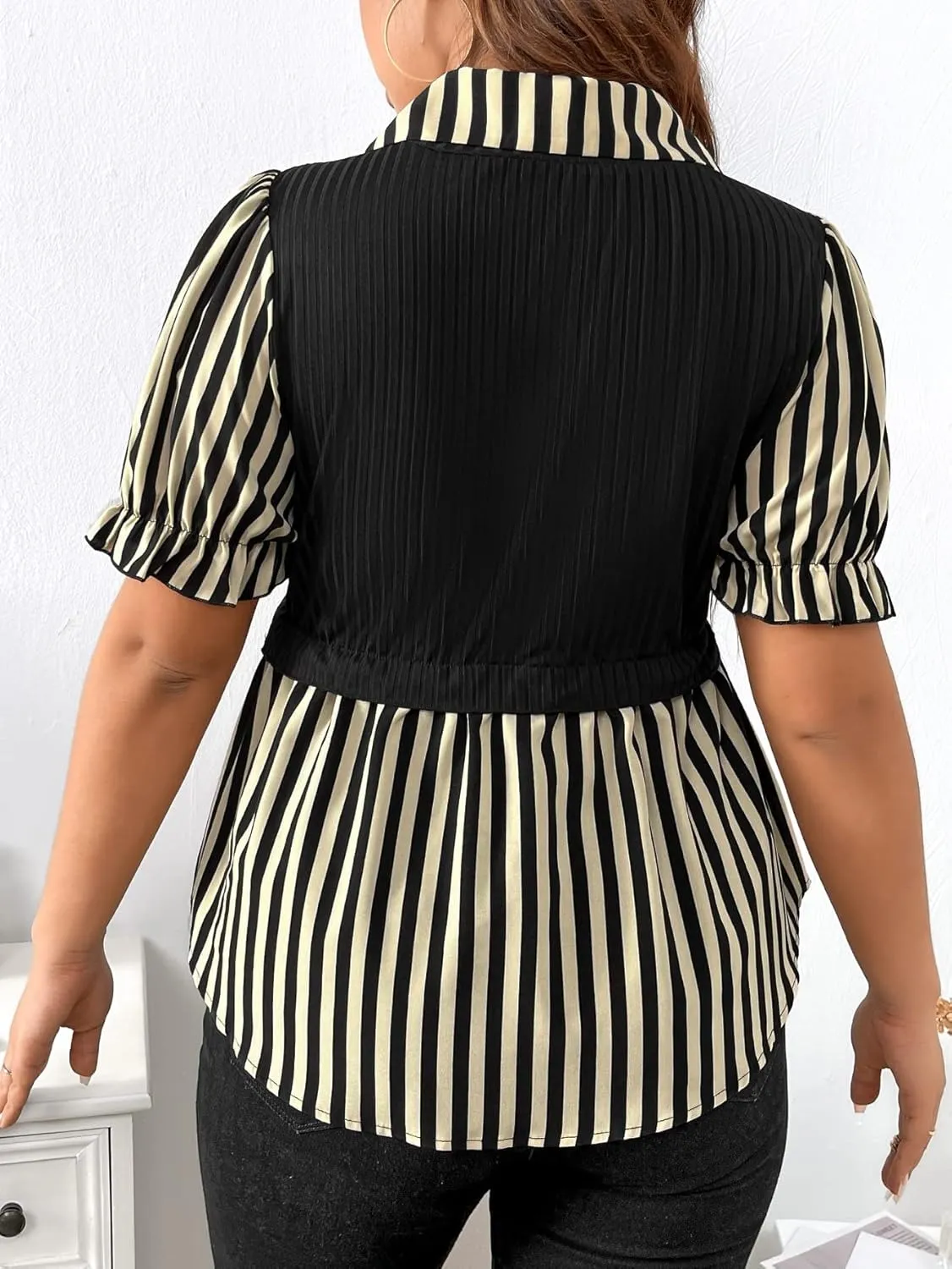 Floerns Women's Plus Size Colorblock Striped Print Puff Short Sleeve Peplum Blouse Top