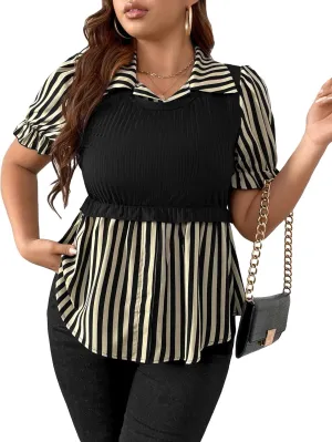 Floerns Women's Plus Size Colorblock Striped Print Puff Short Sleeve Peplum Blouse Top