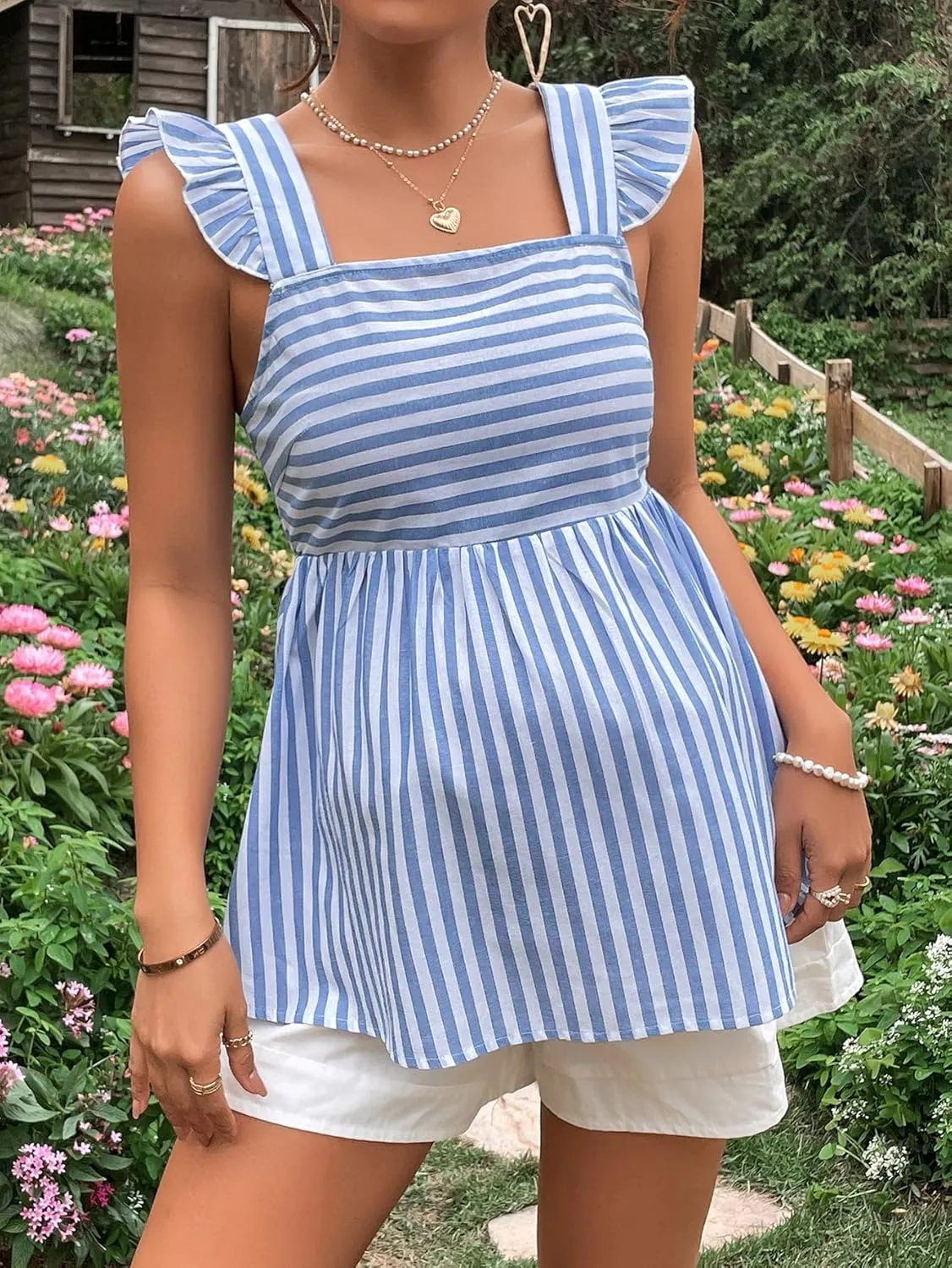 Floerns Women's Striped Print Boat Neck Tie Back Sleeveless Maternity Peplum Blouse Tops