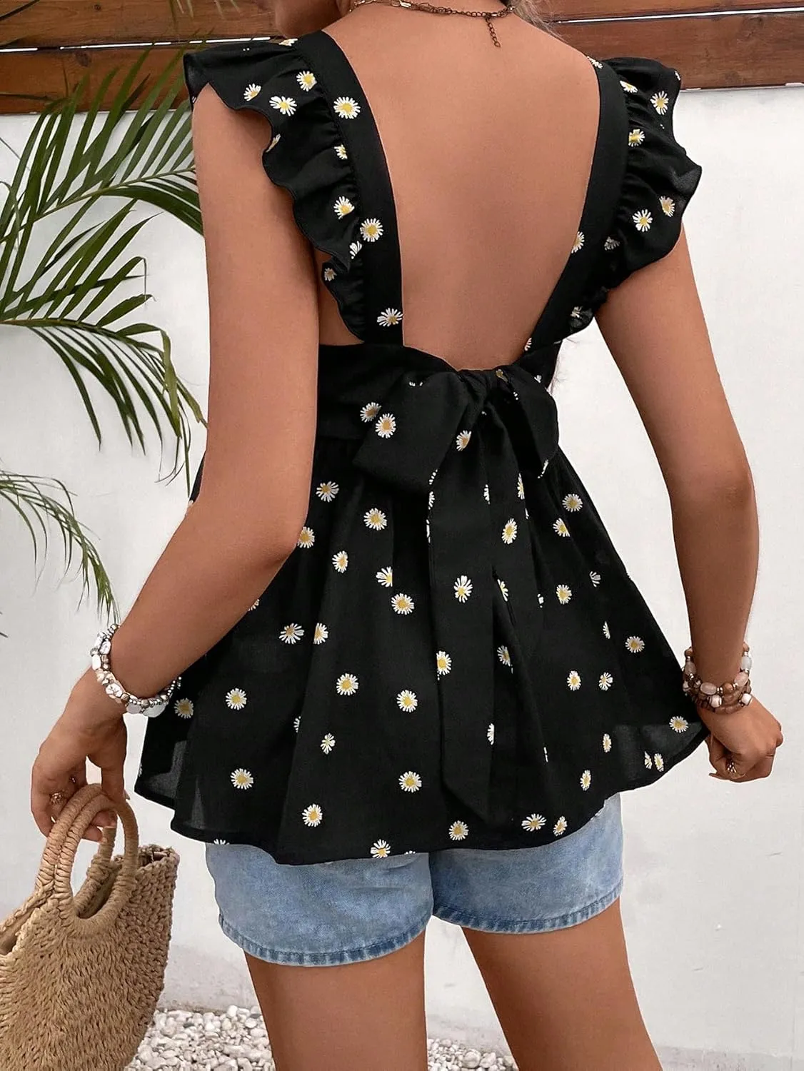 Floerns Women's Striped Print Boat Neck Tie Back Sleeveless Maternity Peplum Blouse Tops