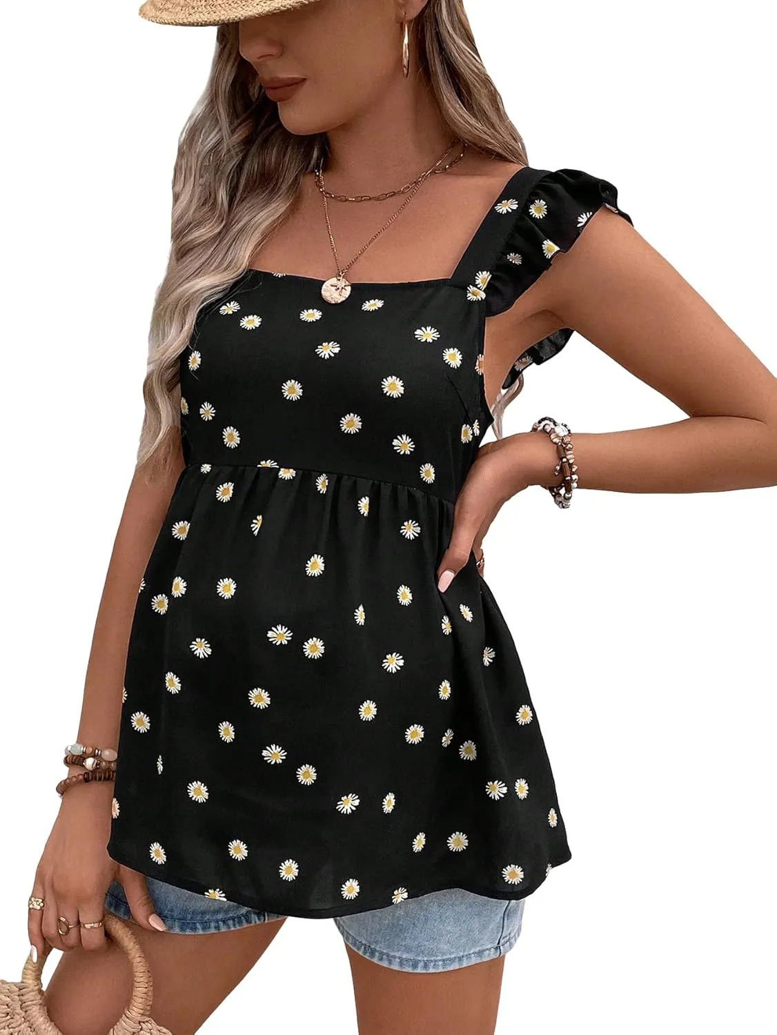 Floerns Women's Striped Print Boat Neck Tie Back Sleeveless Maternity Peplum Blouse Tops