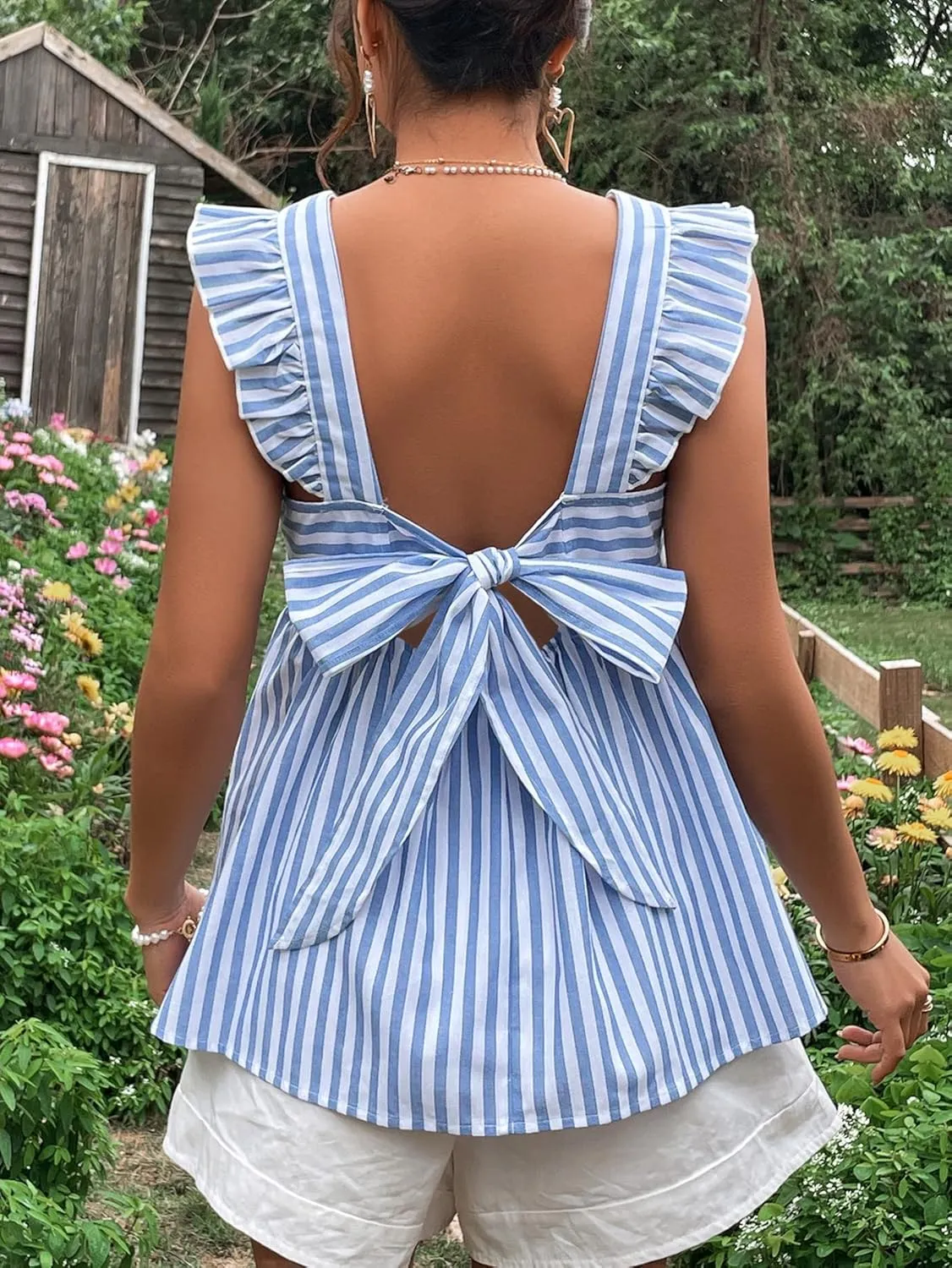 Floerns Women's Striped Print Boat Neck Tie Back Sleeveless Maternity Peplum Blouse Tops