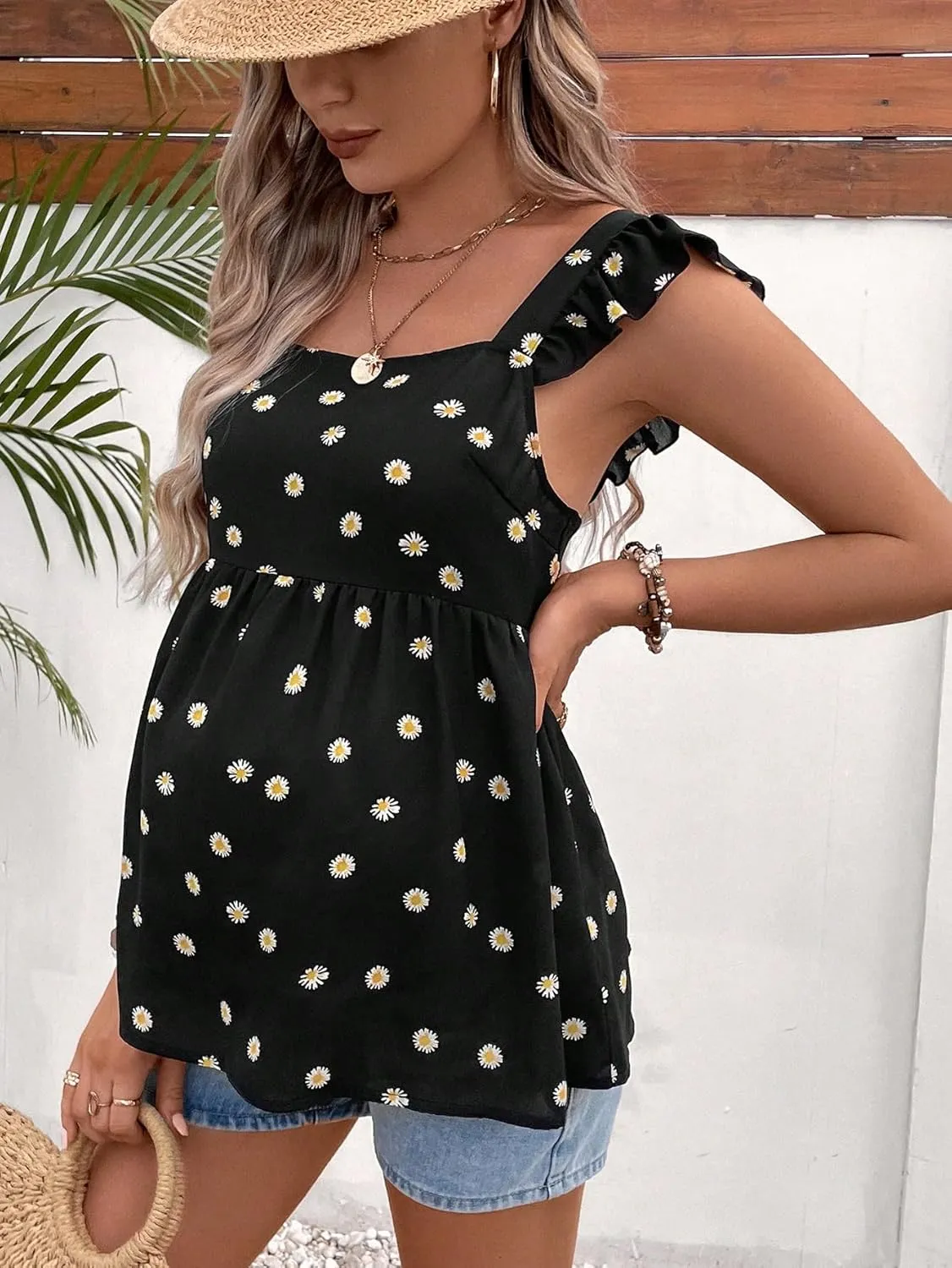 Floerns Women's Striped Print Boat Neck Tie Back Sleeveless Maternity Peplum Blouse Tops