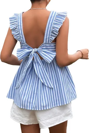 Floerns Women's Striped Print Boat Neck Tie Back Sleeveless Maternity Peplum Blouse Tops