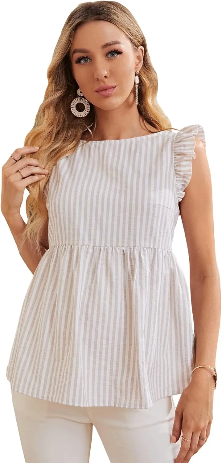 Floerns Women's Striped Print Boat Neck Tie Back Sleeveless Maternity Peplum Blouse Tops