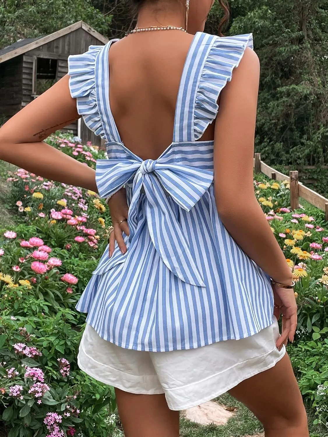 Floerns Women's Striped Print Boat Neck Tie Back Sleeveless Maternity Peplum Blouse Tops