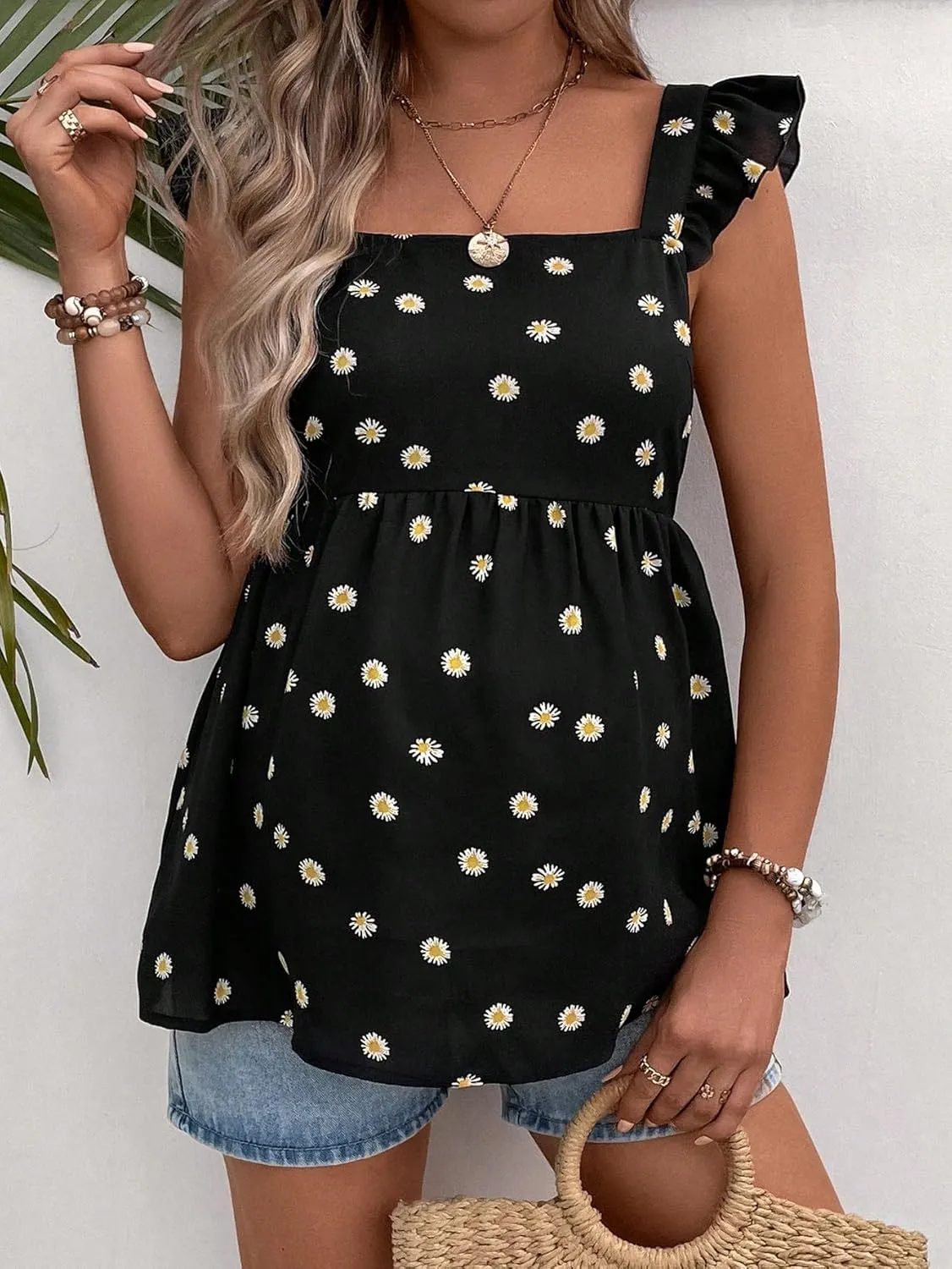 Floerns Women's Striped Print Boat Neck Tie Back Sleeveless Maternity Peplum Blouse Tops