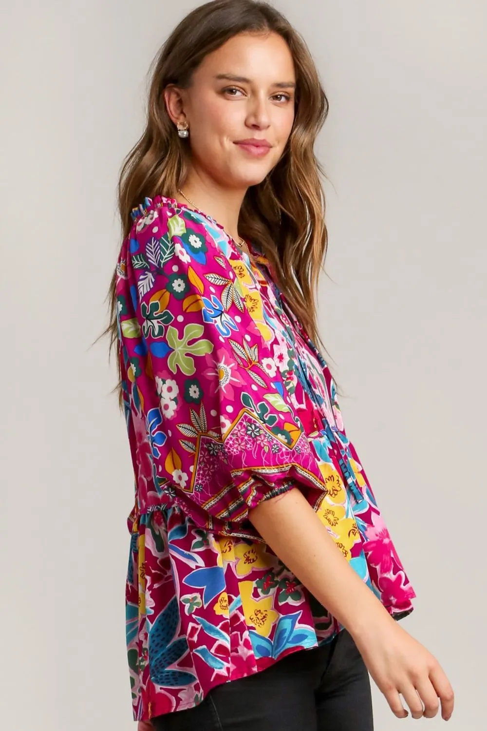 Floral Print Tie Neck Peplum Blouse