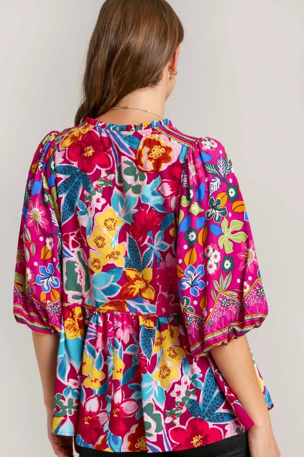 Floral Print Tie Neck Peplum Blouse