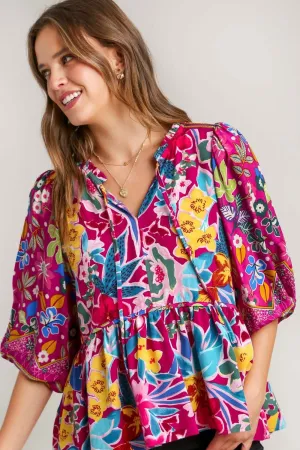 Floral Print Tie Neck Peplum Blouse