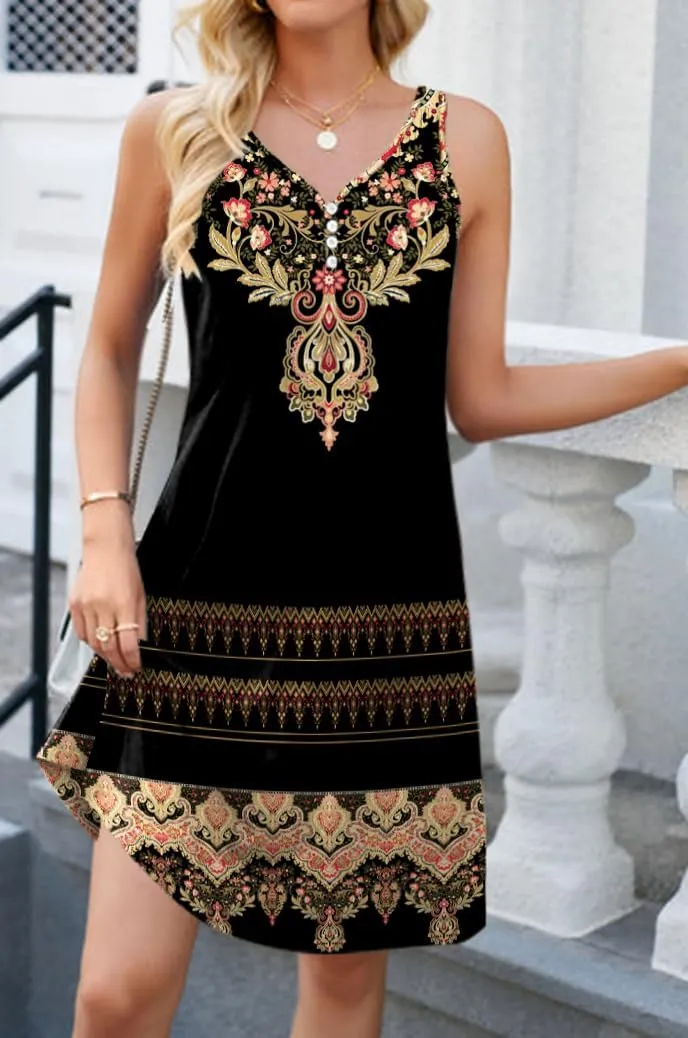 Floral Printed Summer Dresses A-Line Elegant Dress Womens Vintage Sleeveless Beach Sundress
