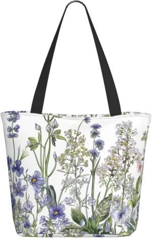Flowering Herbs and Herbaceous Plants Printed Shopping Tote Bag with Zipper, Cute Reusable Grocery Bags Shoulder Bag for Shopping, Beach,Travel, Work