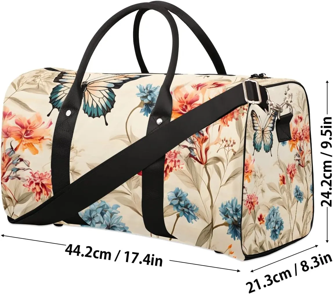 Flowers Butterflies Travel Duffel Bag for Women Men Waterproof Foldable Overnight Weekender Bag Large Capacity Sports Gym Bag
