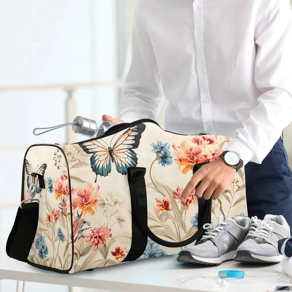 Flowers Butterflies Travel Duffel Bag for Women Men Waterproof Foldable Overnight Weekender Bag Large Capacity Sports Gym Bag