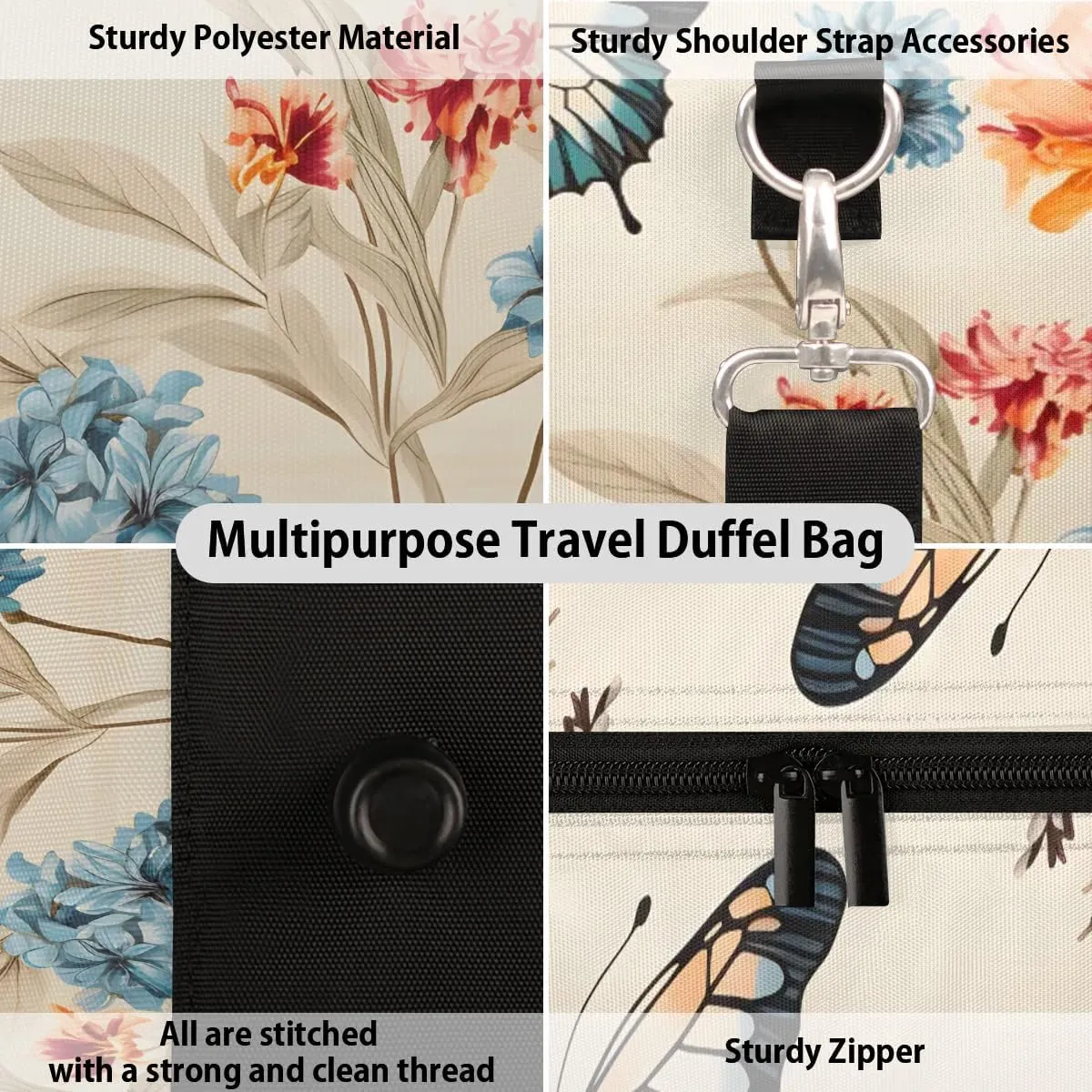 Flowers Butterflies Travel Duffel Bag for Women Men Waterproof Foldable Overnight Weekender Bag Large Capacity Sports Gym Bag