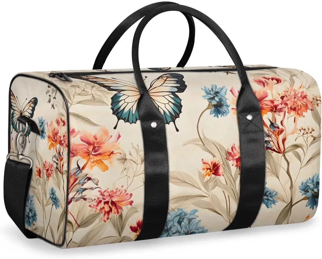 Flowers Butterflies Travel Duffel Bag for Women Men Waterproof Foldable Overnight Weekender Bag Large Capacity Sports Gym Bag