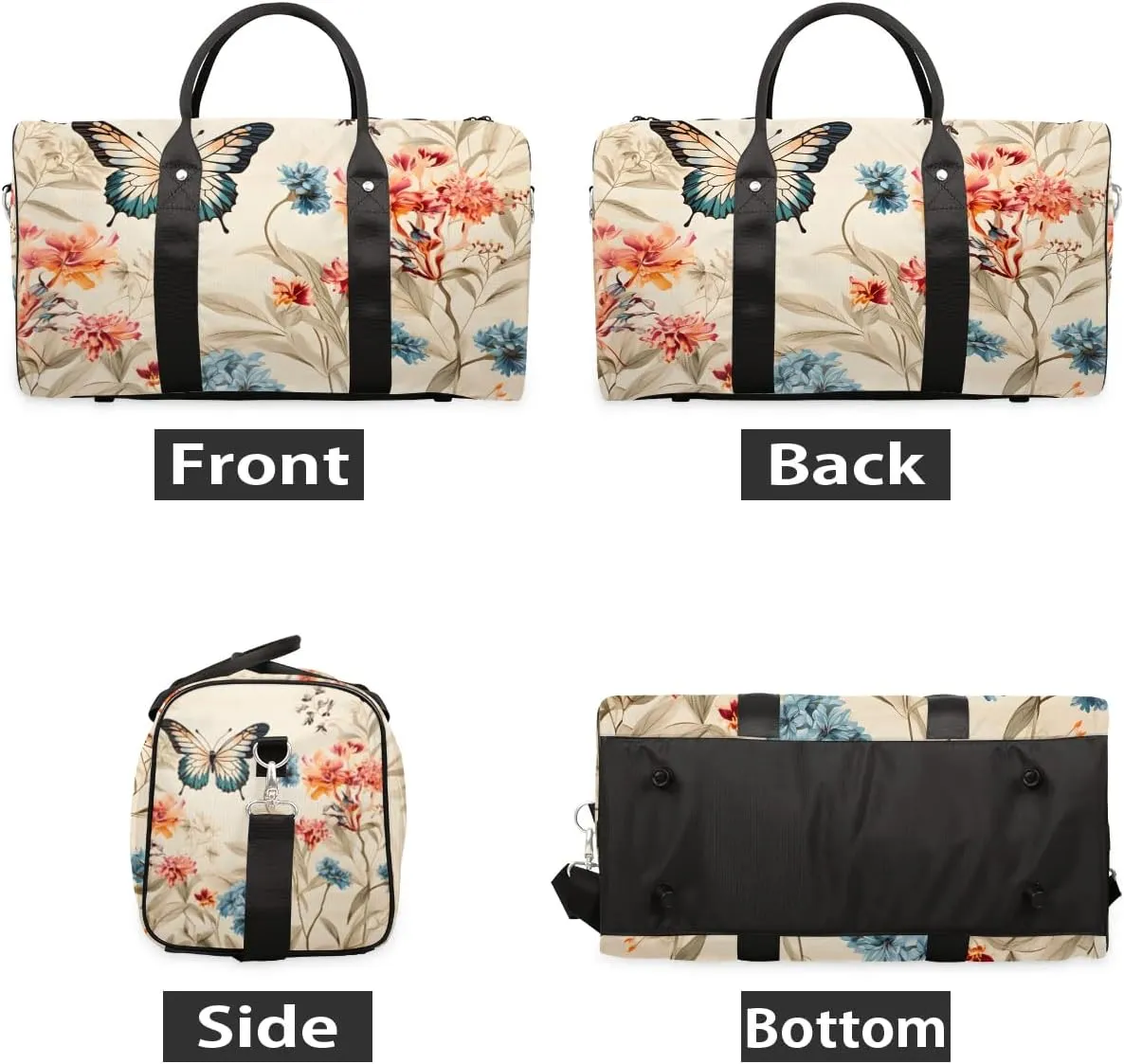 Flowers Butterflies Travel Duffel Bag for Women Men Waterproof Foldable Overnight Weekender Bag Large Capacity Sports Gym Bag