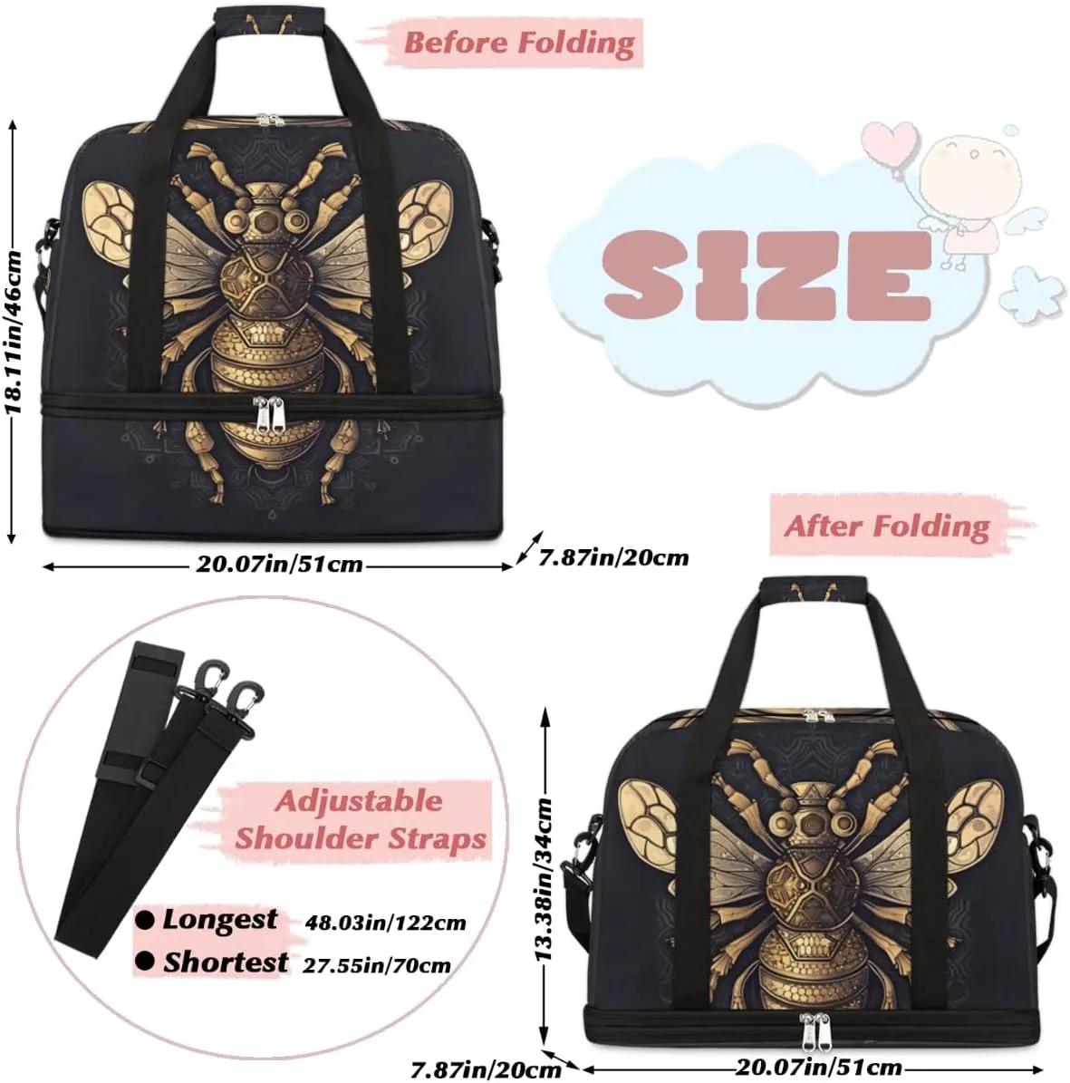 Flying Bumble Bees Print Foldable Duffle Bag with Shoes Compartment Large Capacity Waterproof Travel Weekender Bag Overnight Bag for Sports Gym