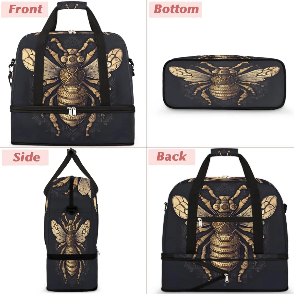 Flying Bumble Bees Print Foldable Duffle Bag with Shoes Compartment Large Capacity Waterproof Travel Weekender Bag Overnight Bag for Sports Gym