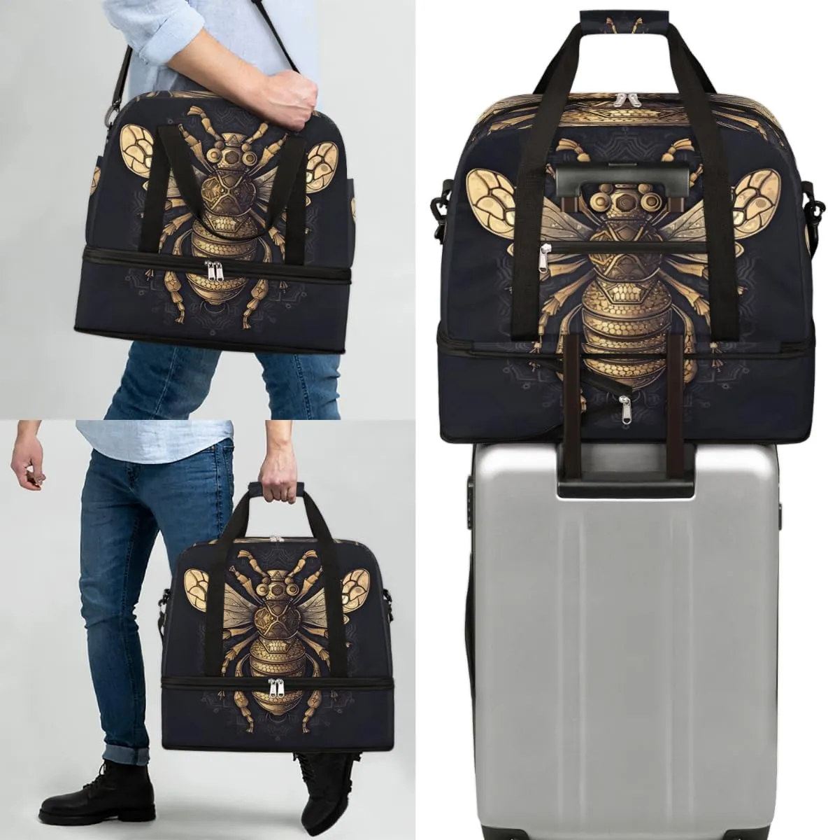 Flying Bumble Bees Print Foldable Duffle Bag with Shoes Compartment Large Capacity Waterproof Travel Weekender Bag Overnight Bag for Sports Gym