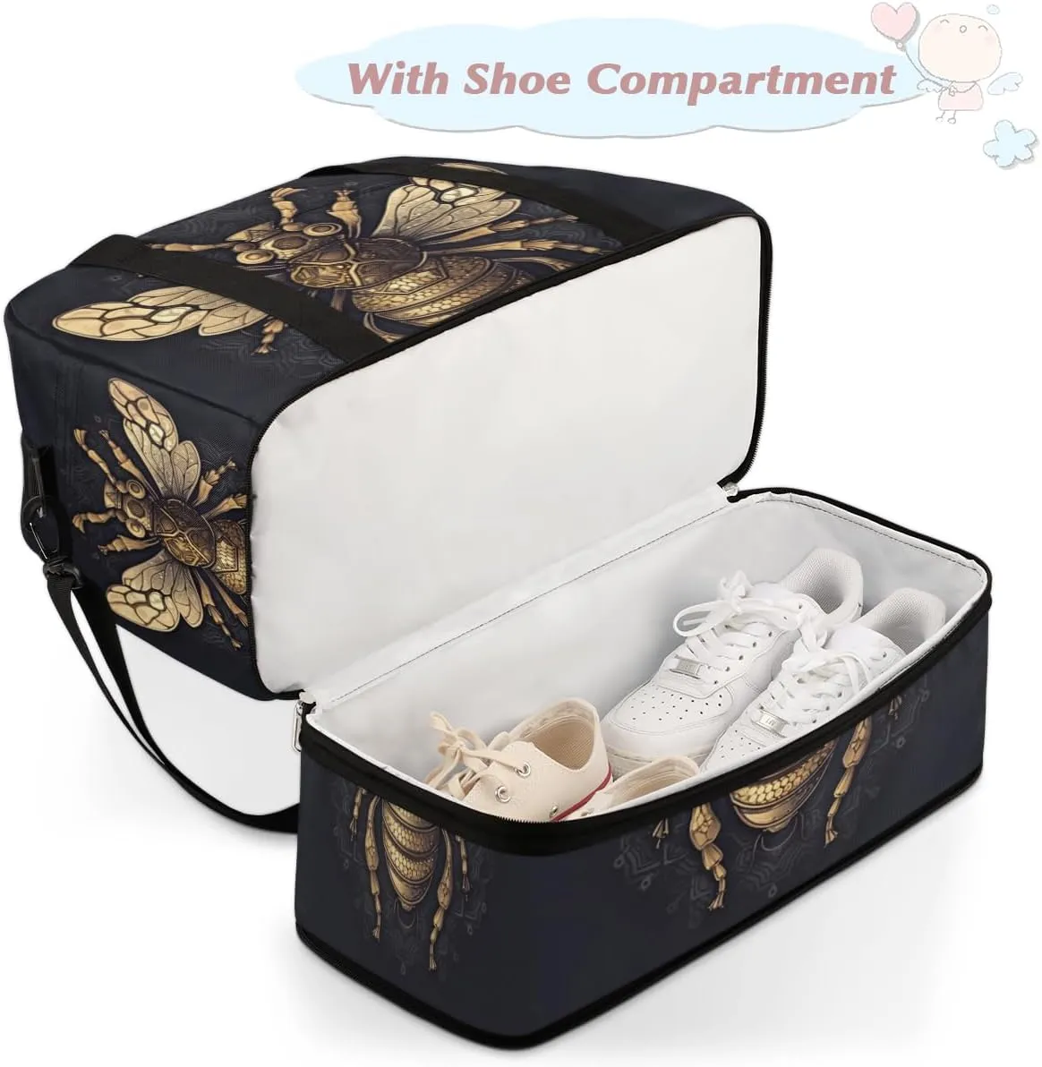 Flying Bumble Bees Print Foldable Duffle Bag with Shoes Compartment Large Capacity Waterproof Travel Weekender Bag Overnight Bag for Sports Gym