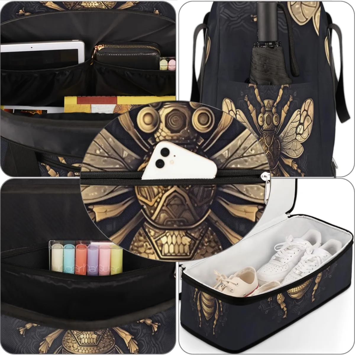 Flying Bumble Bees Print Foldable Duffle Bag with Shoes Compartment Large Capacity Waterproof Travel Weekender Bag Overnight Bag for Sports Gym