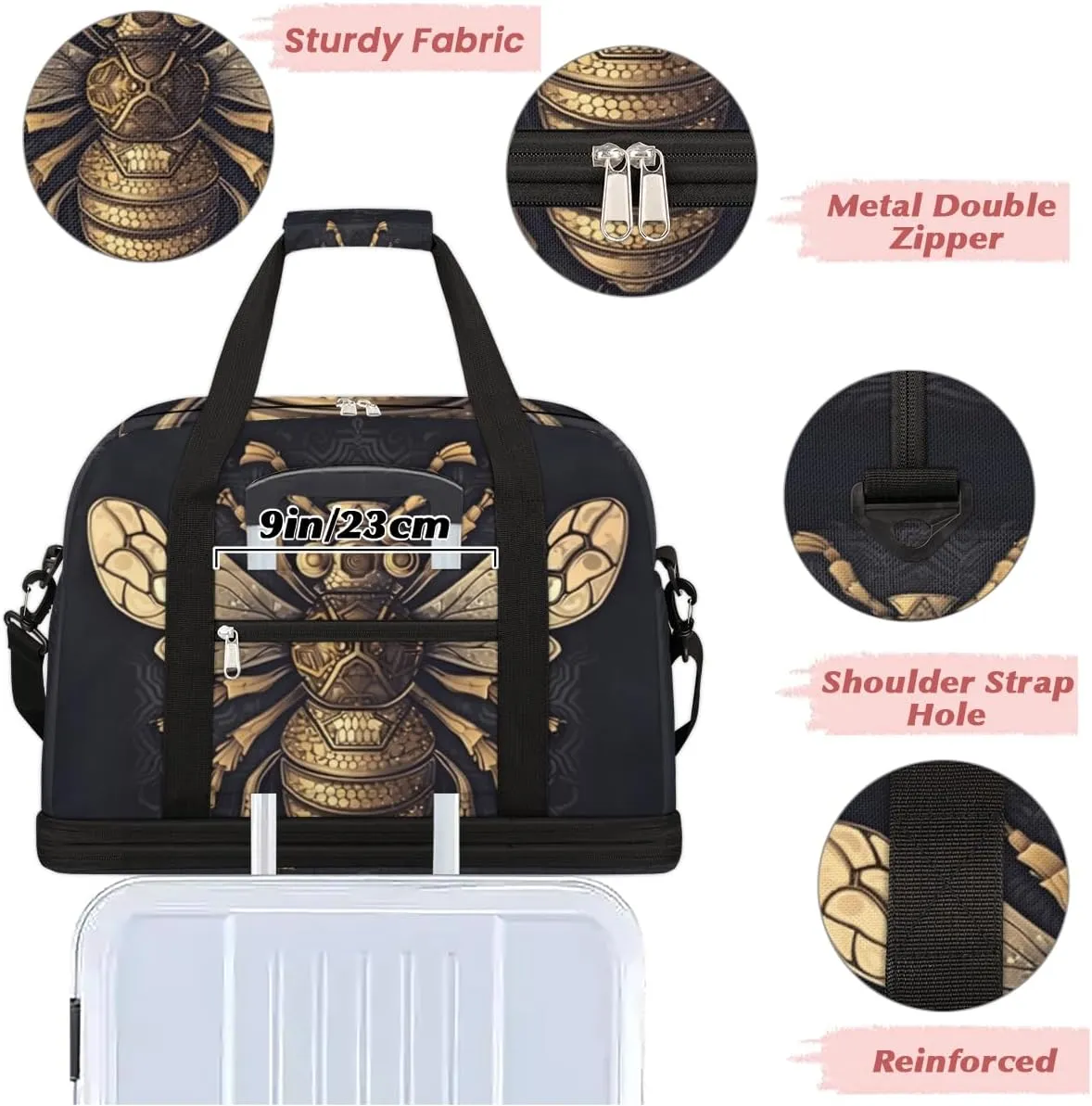Flying Bumble Bees Print Foldable Duffle Bag with Shoes Compartment Large Capacity Waterproof Travel Weekender Bag Overnight Bag for Sports Gym