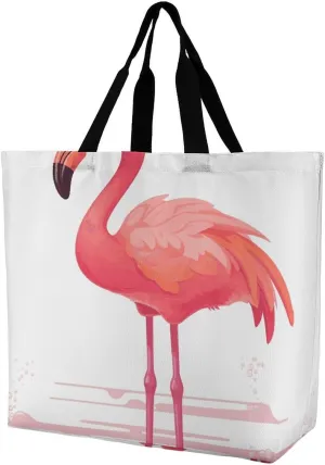 Foldable Grocery Bag Reusable Shopping Bag Cartoon Flamingo Tote Bag Casual Handbags for Work Shopping