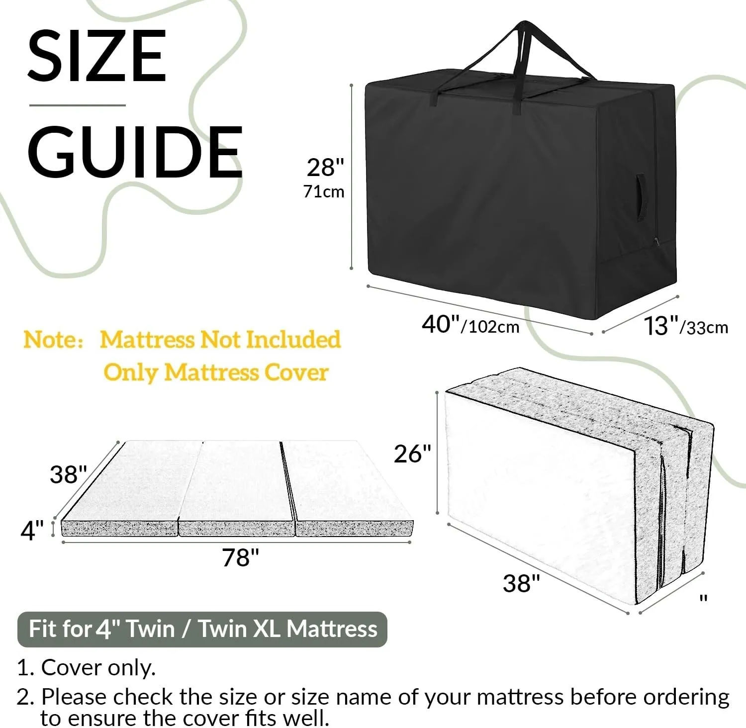 Folding Mattress Storage Bag for 4" Twin & Twin XL, Waterproof Foldable Mattress Moving Bag for Tri-Fold Memory Foam Guest Bed, Dustproof Heavy Duty Mattress Carrying Case Travel(40"x28"x13")