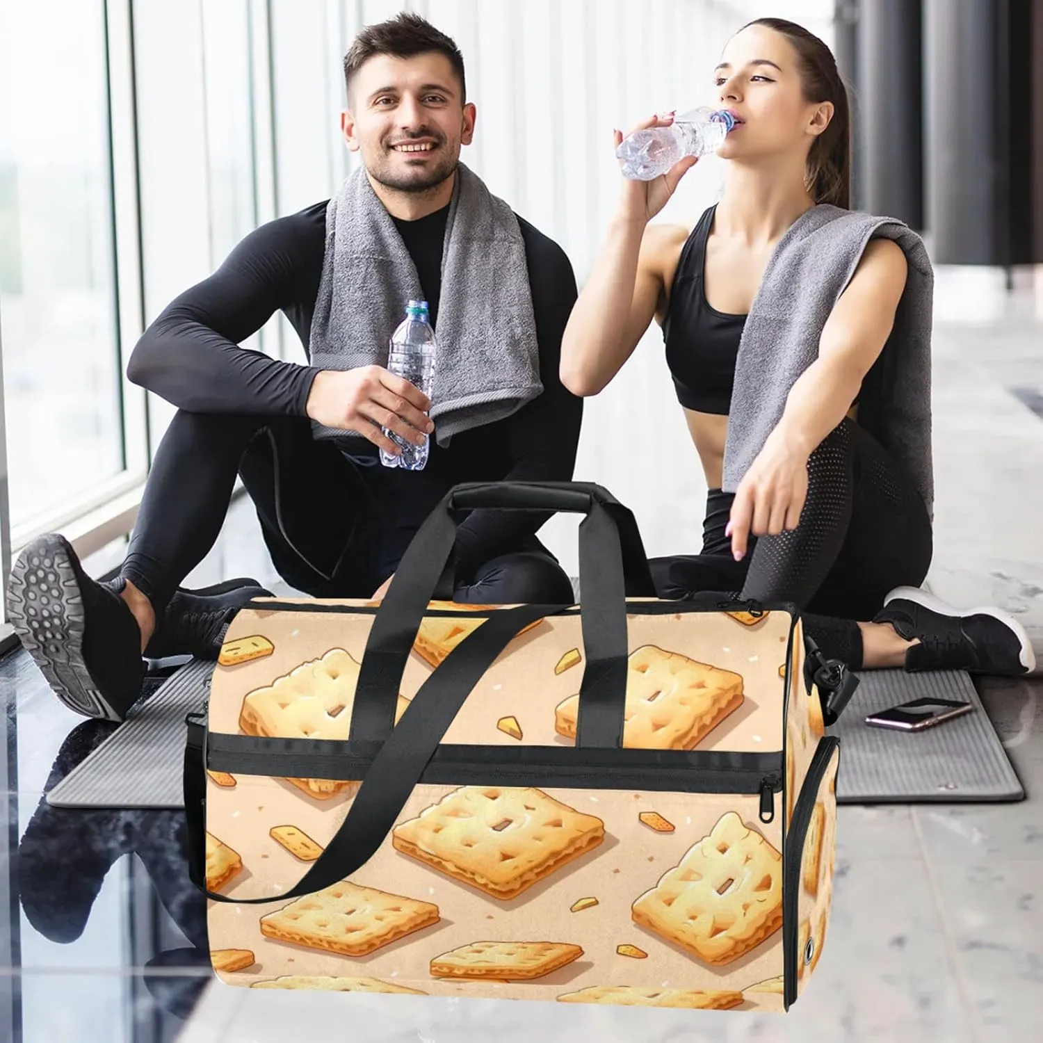 Food Gym Duffle Bag for Men, Cartoon Biscuit Pattern Waterproof Sports duffle bag for travel Weekender Bags for Women Overnight Bag with Shoes Compartment
