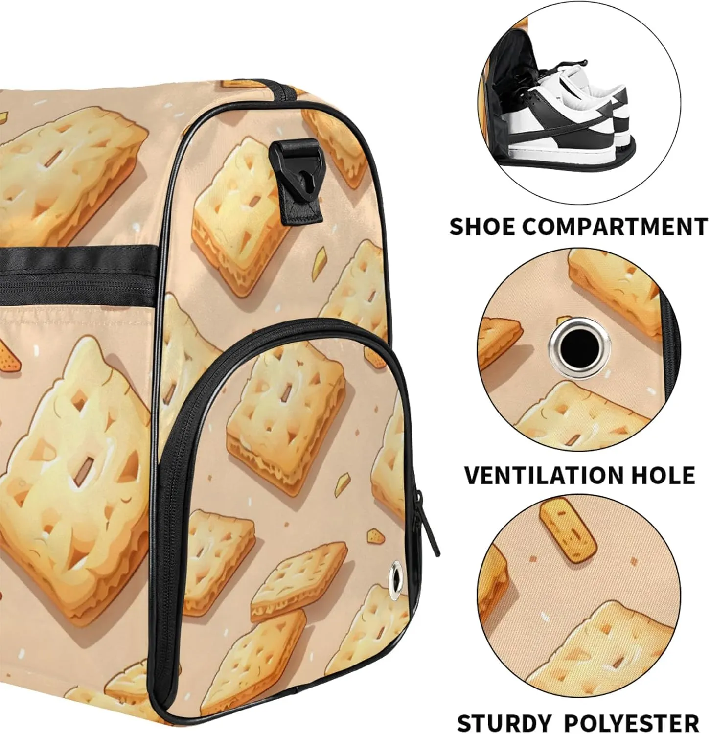 Food Gym Duffle Bag for Men, Cartoon Biscuit Pattern Waterproof Sports duffle bag for travel Weekender Bags for Women Overnight Bag with Shoes Compartment