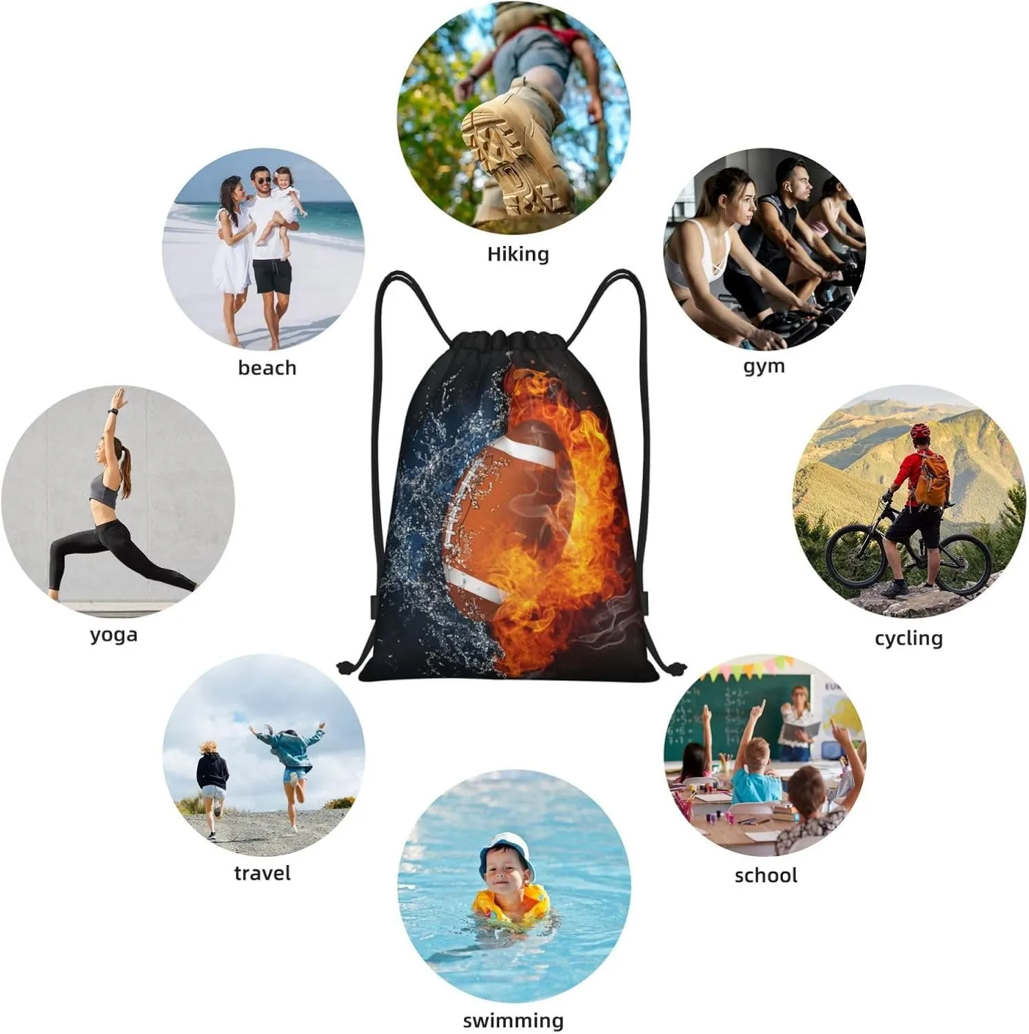 Football Drawstring Backpack Sports Backpack Bag for Kids Teens Adults Boys Girls Women Men, Sport Gym Swim Travel Work Hiking Daypack Bag with Water and Fire Pattern Printed, Small