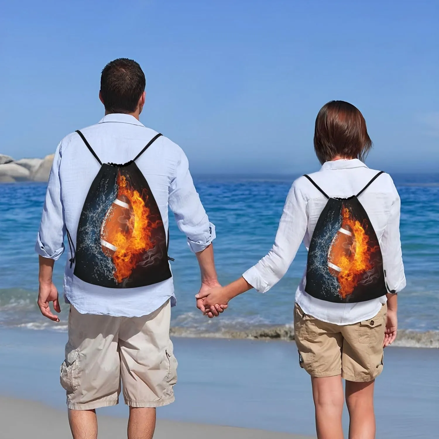 Football Drawstring Backpack Sports Backpack Bag for Kids Teens Adults Boys Girls Women Men, Sport Gym Swim Travel Work Hiking Daypack Bag with Water and Fire Pattern Printed, Small