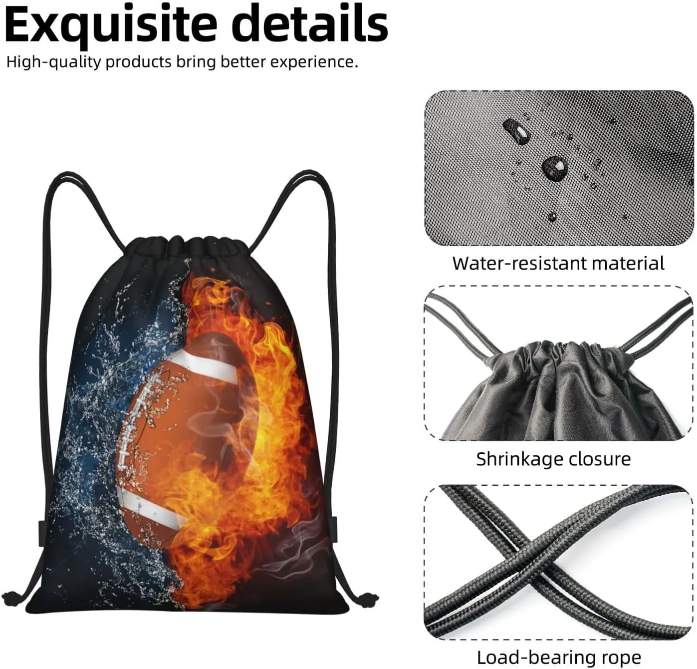 Football Drawstring Backpack Sports Backpack Bag for Kids Teens Adults Boys Girls Women Men, Sport Gym Swim Travel Work Hiking Daypack Bag with Water and Fire Pattern Printed, Small