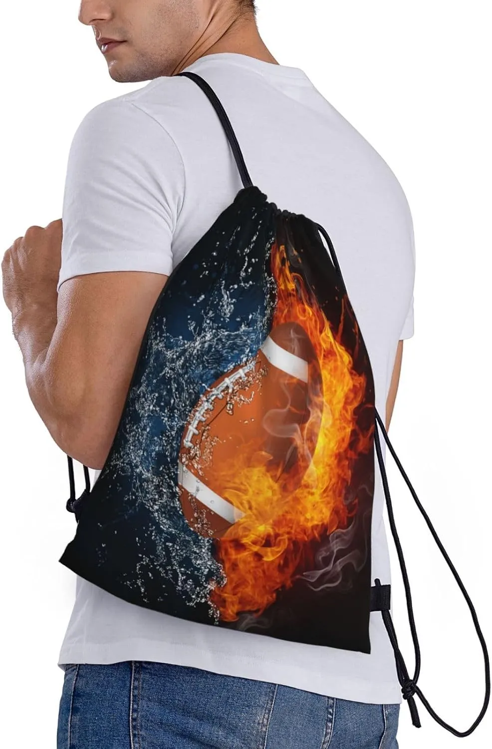 Football Drawstring Backpack Sports Backpack Bag for Kids Teens Adults Boys Girls Women Men, Sport Gym Swim Travel Work Hiking Daypack Bag with Water and Fire Pattern Printed, Small