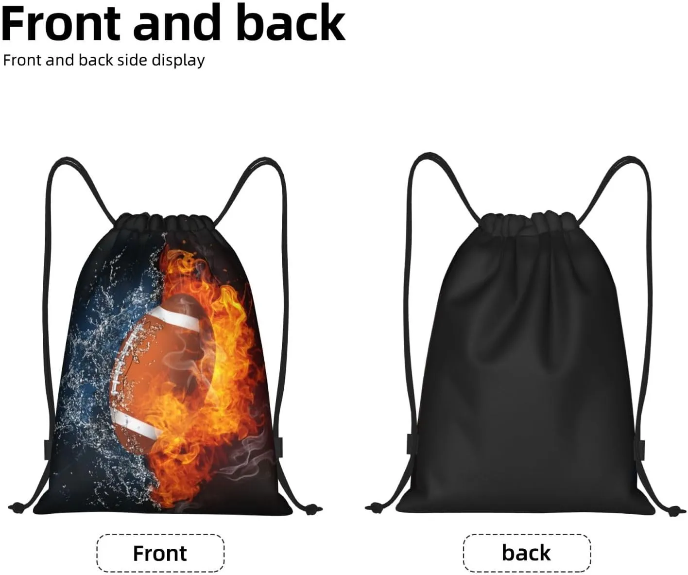Football Drawstring Backpack Sports Backpack Bag for Kids Teens Adults Boys Girls Women Men, Sport Gym Swim Travel Work Hiking Daypack Bag with Water and Fire Pattern Printed, Small