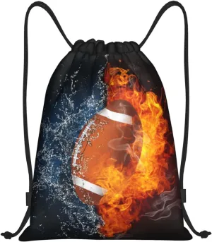 Football Drawstring Backpack Sports Backpack Bag for Kids Teens Adults Boys Girls Women Men, Sport Gym Swim Travel Work Hiking Daypack Bag with Water and Fire Pattern Printed, Small
