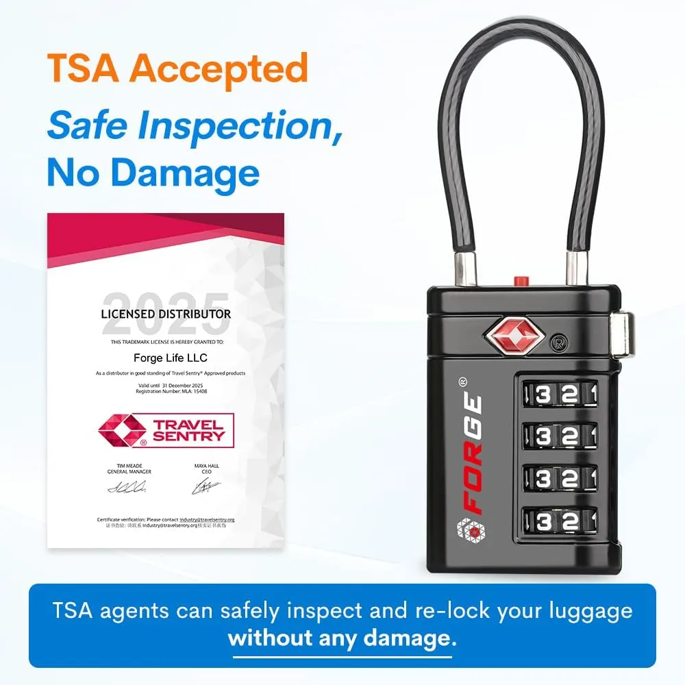 Forge TSA Approved Luggage Locks 4 Digit Combination TSA Travel Locks with TSA008, Open Alert Indicator, Zinc Alloy Body for Luggage, Suitcase, Backpack, and More. Black 2 Locks.