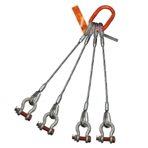 Four Leg Bridle Wire Rope Sling | 62 Ton Vertical Rated | Thimble-to-Bolt Anchor Shackle | 1-3/8" Dia. | 26' Length | EIPS 6x37 IWRC | Hanes Supply (HSI) Heavy Duty Rigging Cable