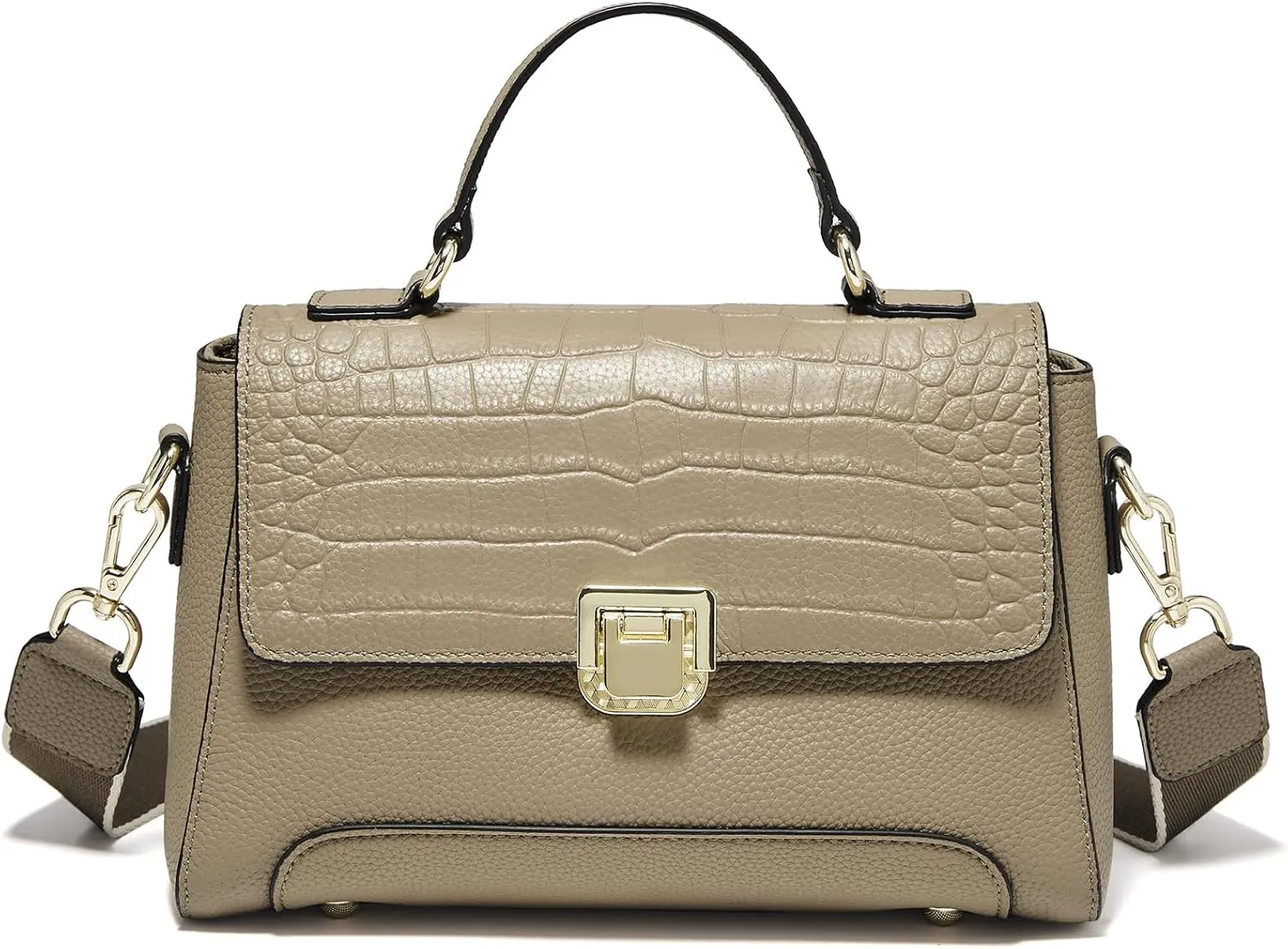 FOXLOVER Crocodile Grain Top-handle Handbag Genuine Leather Small Flap Crossbody Bags for Women Guitar Strap Purses