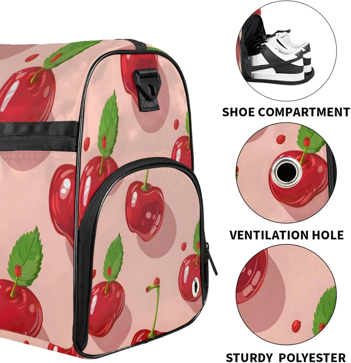 Fruit Gym Bags for Men Women, 43L Medium Sports Cherry Travel Duffel Bag for Men with Shoe Compartment,Carry on Bags for Airplanes Women