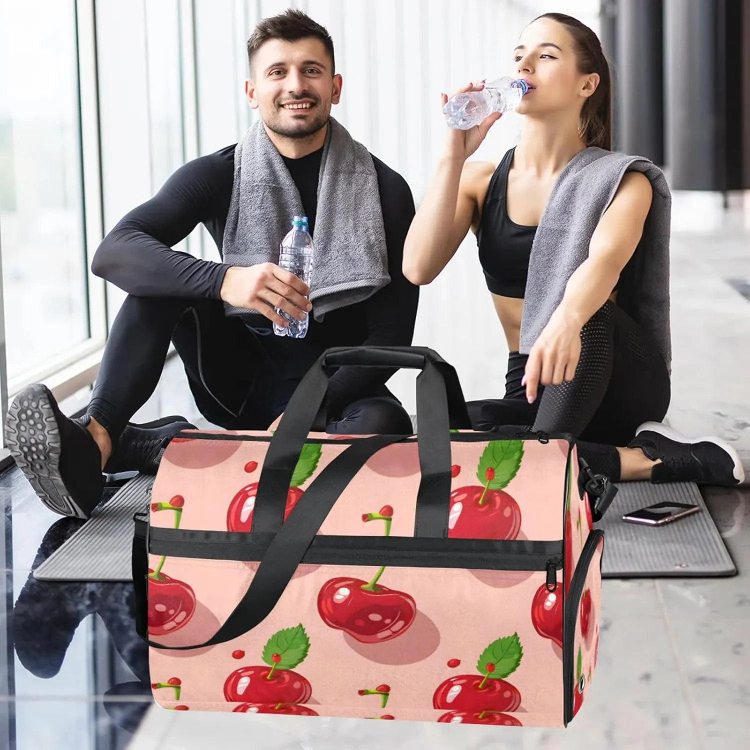 Fruit Gym Bags for Men Women, 43L Medium Sports Cherry Travel Duffel Bag for Men with Shoe Compartment,Carry on Bags for Airplanes Women