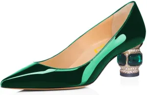 FSJ Women Bridal Pointed Toe Chunky Block Low Heel Crystal Pumps Slip on Wedding Thick Heel Comfort Shoes Size 4-15 US