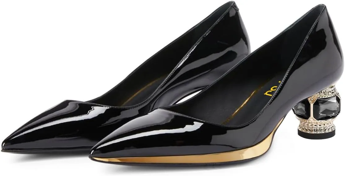 FSJ Women Bridal Pointed Toe Chunky Block Low Heel Crystal Pumps Slip on Wedding Thick Heel Comfort Shoes Size 4-15 US