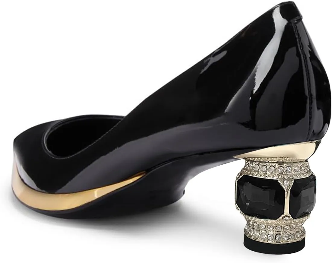 FSJ Women Bridal Pointed Toe Chunky Block Low Heel Crystal Pumps Slip on Wedding Thick Heel Comfort Shoes Size 4-15 US