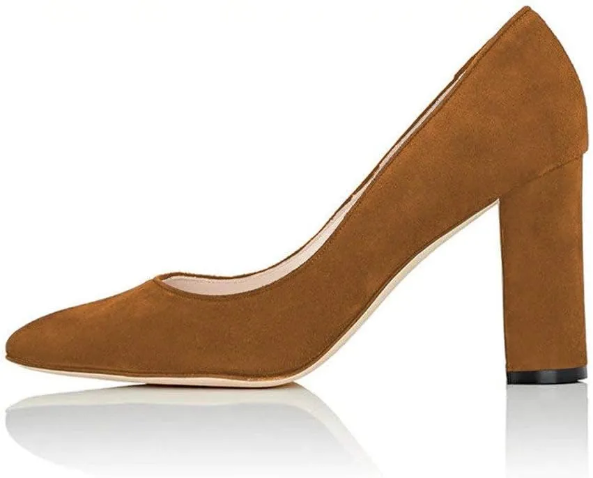 FSJ Women Classic Chunky High Heel Closed Round Almond Toe Slip On Formal Office Pumps Size 4-15 US